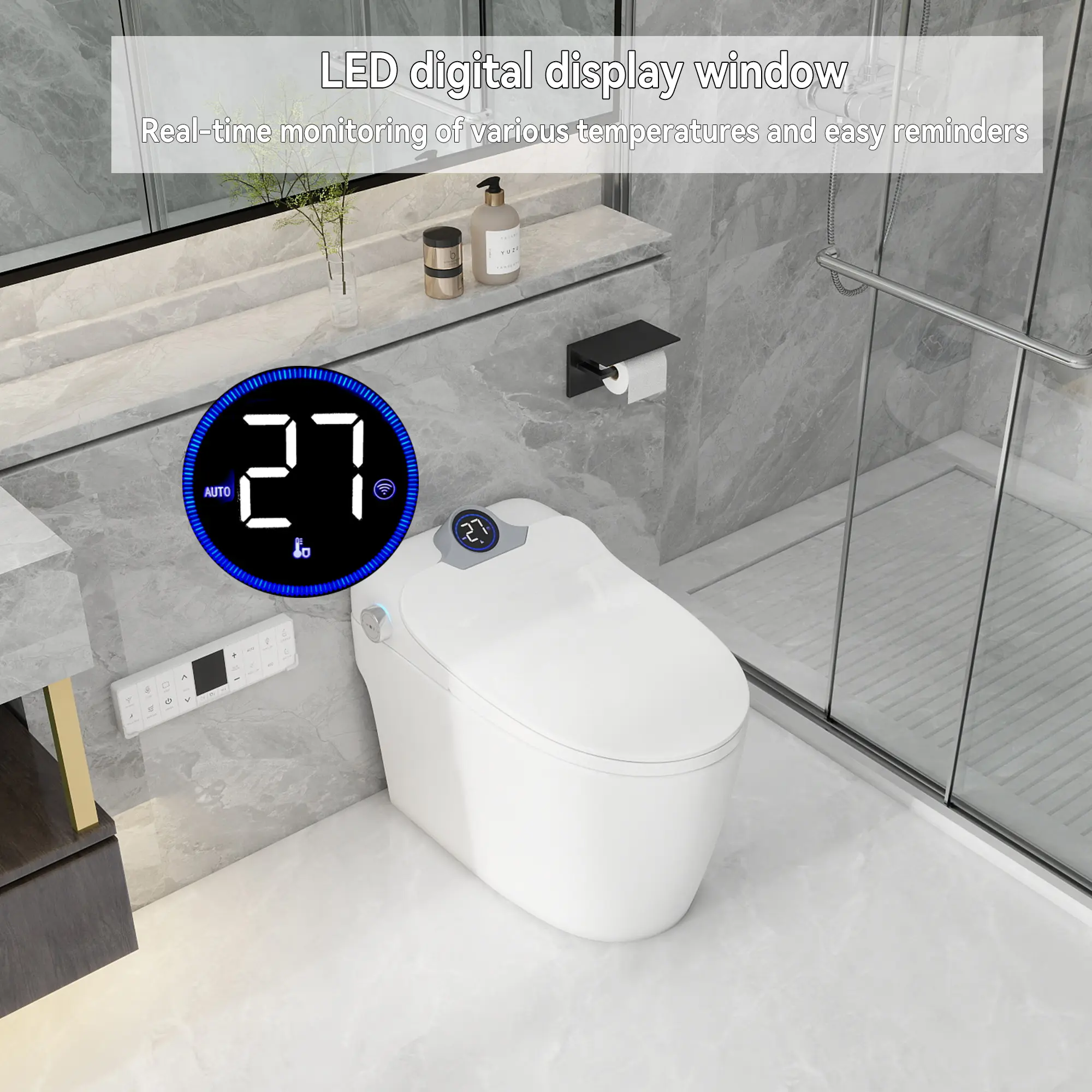 White One-Piece Smart Bidet Toilet Combo, Foot Sensor Auto Open Lid & Seat, Auto Flush, Wireless Remote, Self-Cleaning Nozzle, 3-Level Heated Seat, Warm Air Dryer, LED Display & Soft Night Light
