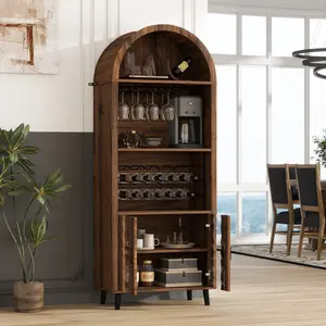 71 Inch Cottage Arch Bar Cabinet : Tall Arch Display Cabinet, Arched Bar Cabinet & Coffee Bar with Wine Rack and Glass Holder - Wine Cabinet for Living Room and Dining Room