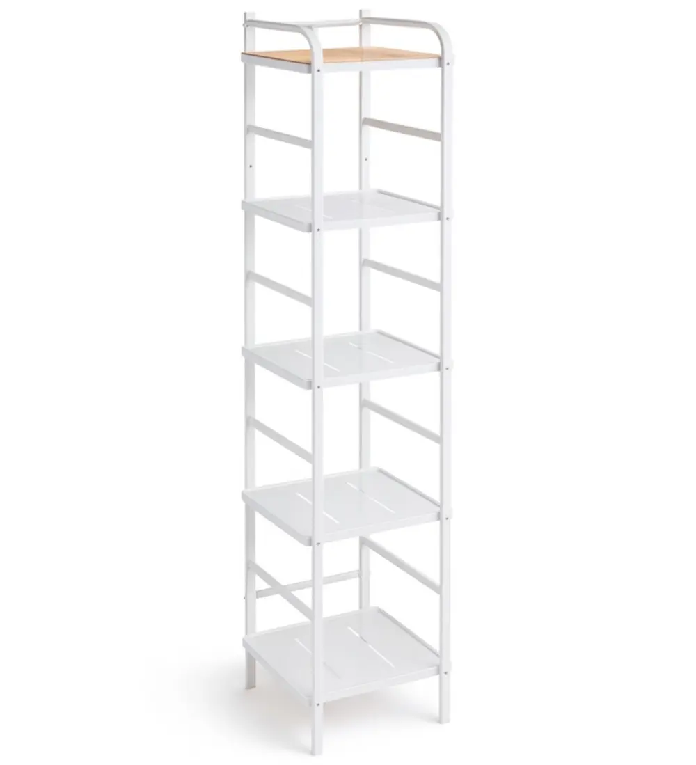 Home Zone Living 5-Tier Vertical Storage Organizer with Bamboo Accent, Stainless Steel Frame, Clean Aesthetic, Tall Freestanding White Home Organizer Shelf
