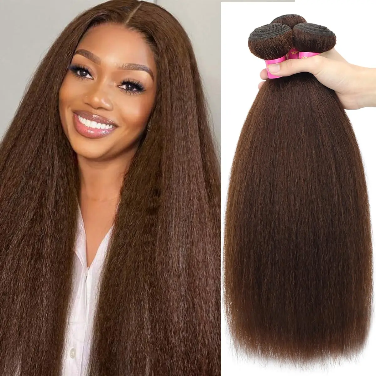 Chocolate Brown Kinky Straight Bundles Human Hair Yaki Straight Human Hair  Bundles Unprocessed Brazilian Virgin Remy Hair Yaki Straight BundlesFor Women