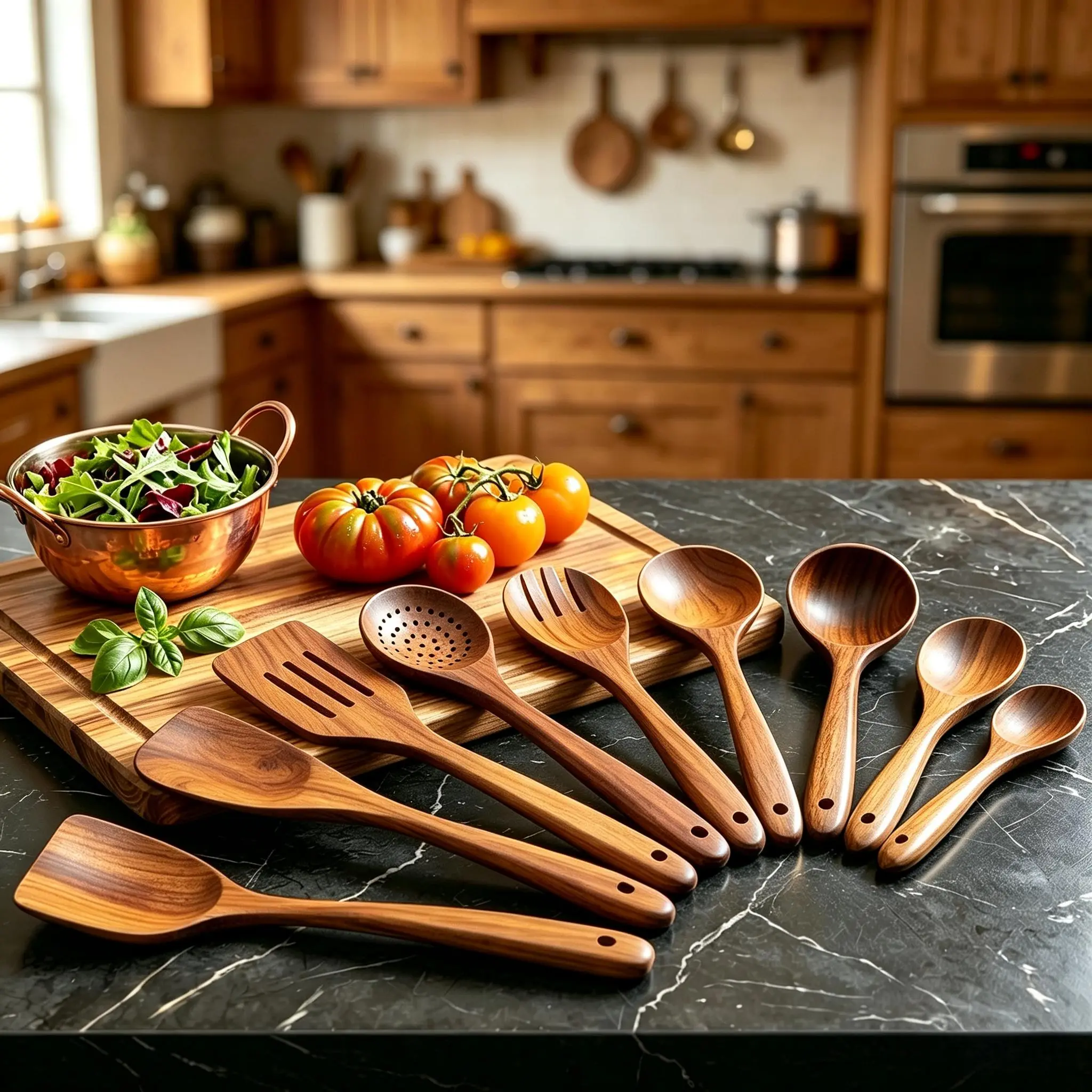 10-Piece Premium Acacia Wood Kitchen Utensils Set, Heat-Resistant Non-Scratch Smooth Spoons, Spatulas & Tongs, Safe for Non-Stick Cookware, Easy-to-Clean Durable Kitchen Gadgets (Mani or Small-Leaf Acacia Wood Options)