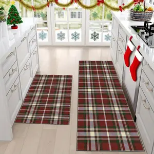 Christmas Kitchen Rug Set, Luxurious Vintage Scottish Plaid, Pet Friendly Non-Slip Mat, Soft Comfortable Carpet for Home Decor