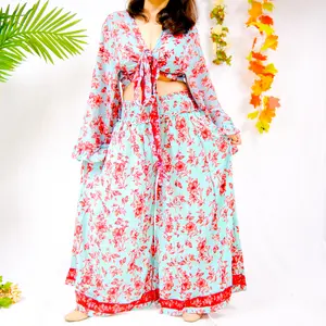 70s Silk Pant with Bell Sleeve Tie Top with Ruffle