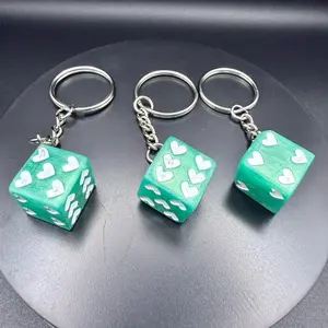 D6 Keychain - Green Dice with White Hearts