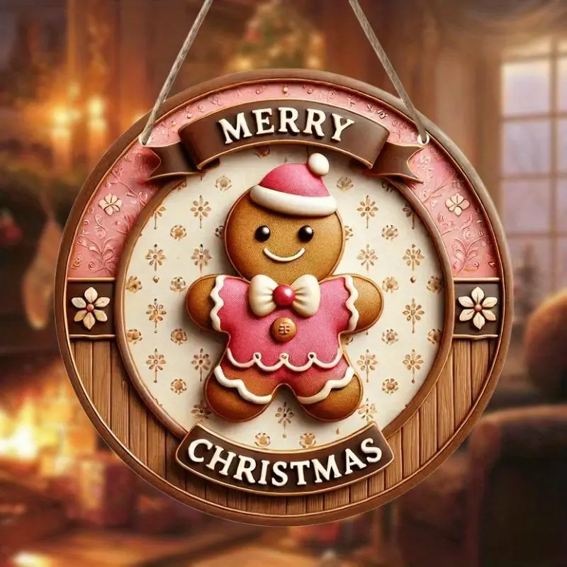 Gingerbread Man Design Hanging Sign, 1 Count Merry Christmas Round Wooden Hanging Ornament, Hanging Decoration for Home Garden Courtyard Party Farmhouse Porch