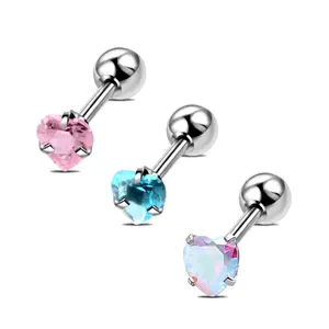 HERVAY 16G/6MM Stainless Steel Heart Ear Jewelry - Blue/Pink/White Crystal, Suitable for Helix/Tragus/Conch - Unisex Piercing Jewelry