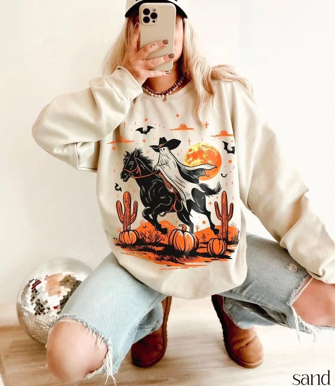 Ghost Cowboy Halloween Sweatshirt, Western Halloween Crewneck, Cowboy Ghost Riding Horse Sweatshirt, Pumpkin Desert Spooky Season Apparel, Cowgirl Fall Gift for Women & Men