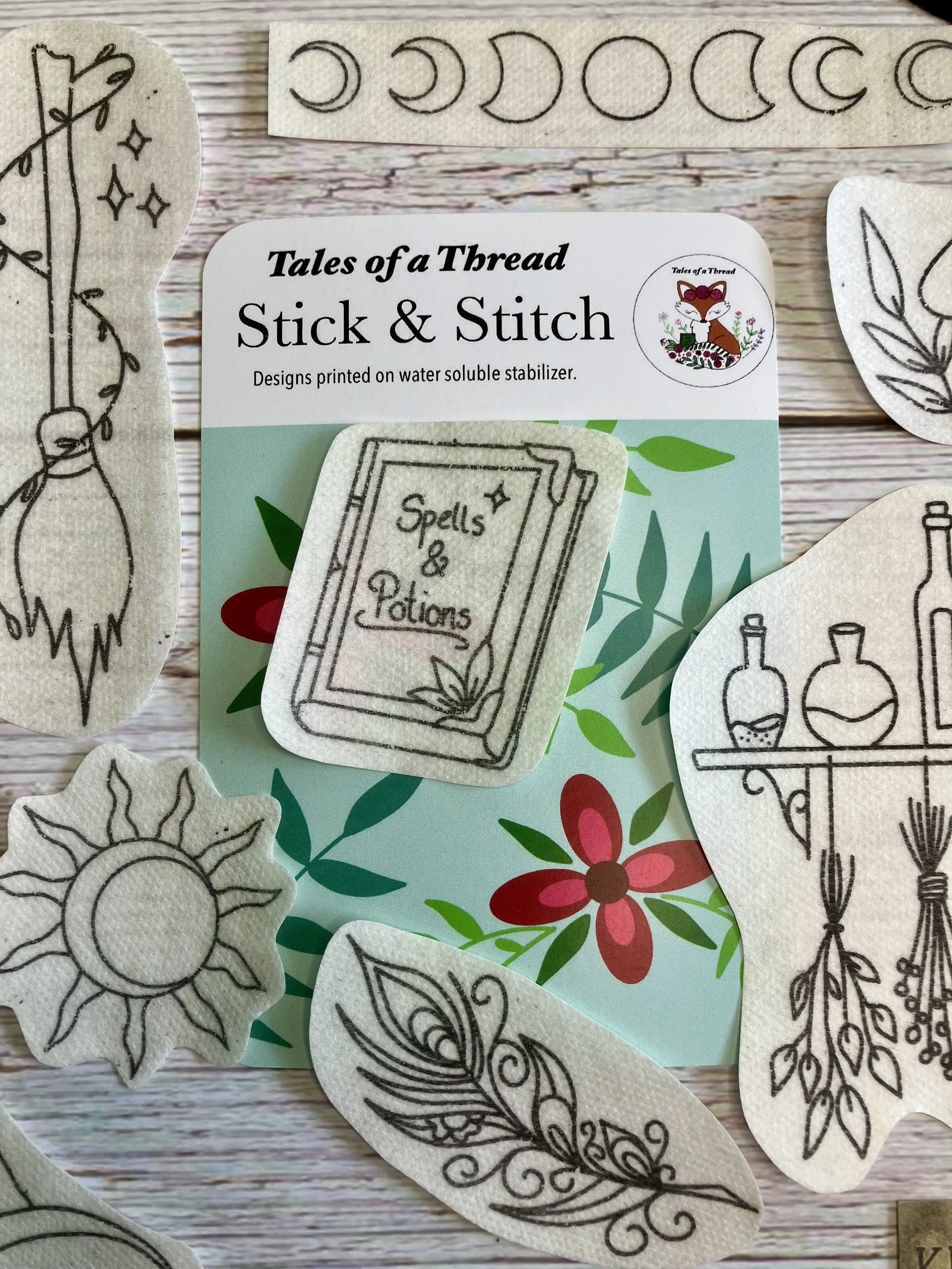 Stick and Stitch Witch Celestial Hand Embroidery Water Soluble Designs for Hoops, Clothes, Totes, Hats, Caps, T-Shirts, Sweatshirts