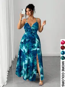 Plus Size Floral Print Halter Sleeveless Dress, Watercolor Style, Deep V Neck, Slim Fit, Midi Length, High Split, Versatile for Multiple Occasions
