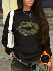 Women's Casual Everyday Fitted Patterned Lip Print Hoodie, Fall Winter Long Sleeve Round Neck Polyester Knit Fabric, Fashionable Women's Sporty Sweatshirt