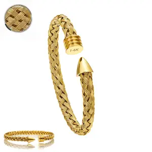 Stainless Steel Braided Bangle - 7mm Width Open-Cuff Design with Round Geometric Rivets, Ideal for Daily Wear, Yes