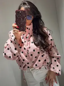 Women's Pink Polka Dot Loose Bomber Jacket Demi-Season 2026 Cute Plus Size Button-Up Lace-Up High Neck Long Sleeve Tops For Women Fashion Coffee Runs Weekend Hangouts Streetwear Casual Style Outerwear Outerwears