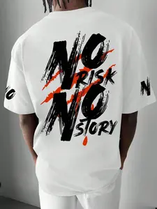 Unisex Oversized "No Risk No Story" Graphic Round Neck Tee | Black & Red Graffiti Brush Print | 100% Ring-Spun Cotton | Drop Shoulder & Relaxed Fit | Y2K Streetwear Casual for Summer, Concerts & Urban Outings | Viral Edgy Top