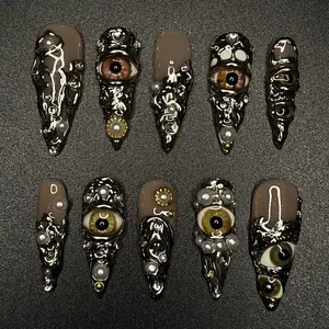 Horror Eyes Gothic, Emo Long Stiletto Press On Nail, Halloween/Cosplay/Carnival Nails Art, Handpainted Fake Nail, Reusable Gel Nail