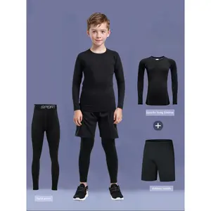 3pcs Boys' Quick-Dry Athletic Set - Compression Long Sleeve Top, Tight-Fit Pants & Shorts for Sports Training |   High-Elastic for multi- (Running, Cycling,) |   Spring Summer Fall Outfit |   Machine Washable Compression Suit for, Perfect for Outdoor