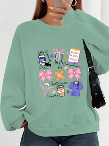 Regular Fit Crew Neck Sweatshirt, Women's Nurse Print Sweatshirt - Soft and warm classic Casual style with slogan design, perfect for fall and winter, nurse apparel.