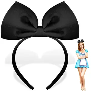 Adult Large Black Bow Headband Big Bowknot Headband Satin-like Halloween Costume Accessory for Women,  Glam Daily Wear Party