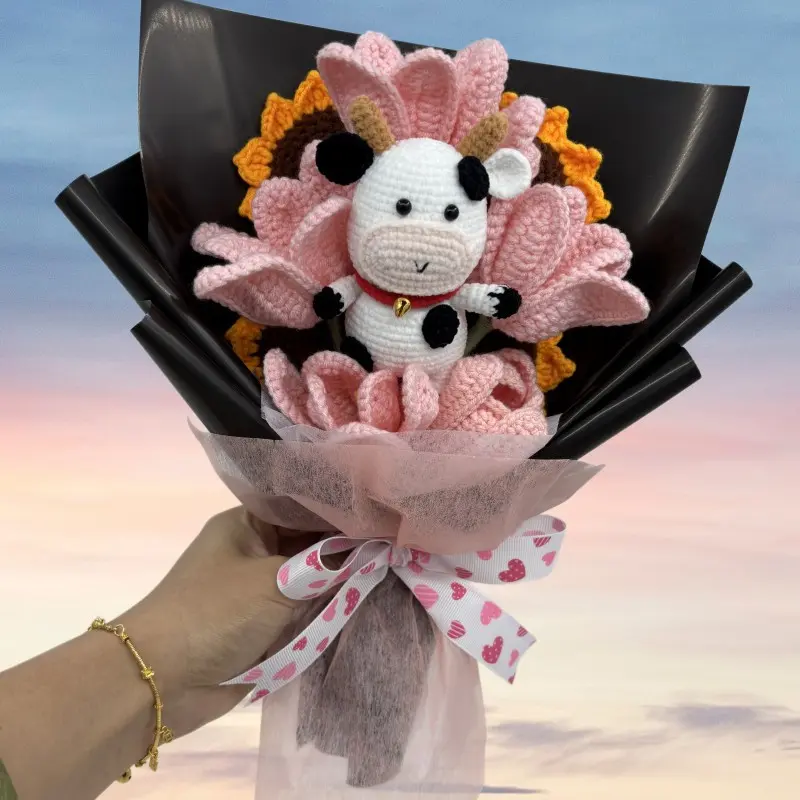 Handmade Crochet Tulip Sunflower Cute Cow Doll Bouquet, Mother's Day Friend Lover Grandmother Party Gift Fake Flower Arrangement