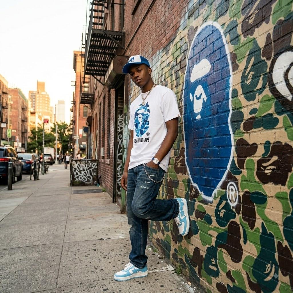 A BATHING APE Blue Camo Ape Head White Tee - Premium Graphic Streetwear Cotton T-Shirt Unisex