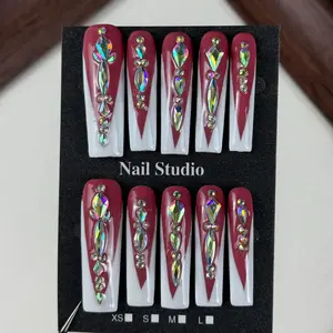 10pcs high-end Luxury-retro style, hand-painted V-shaped design, three-dimensional dazzling cluster of diamonds handmade fake nails, Nail stickers suitable for attending important banquets, birthday parties and visiting stores for exploration