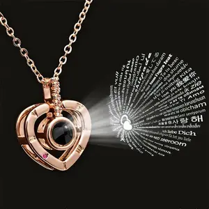 100-Language "I Love You" Projection Necklace - Rose Gold, Hidden Message, Matching Couple Necklaces, Couple-Themed, Engraved Letter, Personalizable Jewelry Gift for Partners, Couple-Themed Necklaces