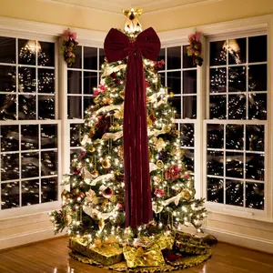 Large Elegant Burgundy Velvet-like Christmas Tree Top Bow - Luxurious Shiny Bow with Full Circle, Suitable for Christmas Trees, Garlands - Rich Deep Red Bow, Christmas Tree Bow