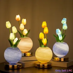 Tulip Design LED Night Light with Glass Vase, Simulated Tulip Table Lamp for Art Decor, 3 Colors Light and Stepless Dimming, USB Rechargeable, Suitable for Bedroom, Living Room, Home and Gift