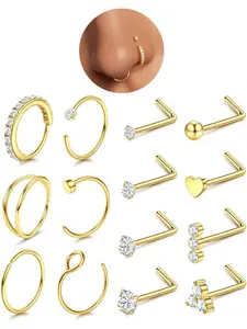20G Nose Ring Thin Hypoallergenic Surgical Steel L-Shape Nose Stud 1.5mm 2mm 2.5mm 3mm Cubic Zirconia Nose Piercing Jewellery Gold Silver Nose Stud for Women, Pack of 14 Pieces, Nose Rings Set