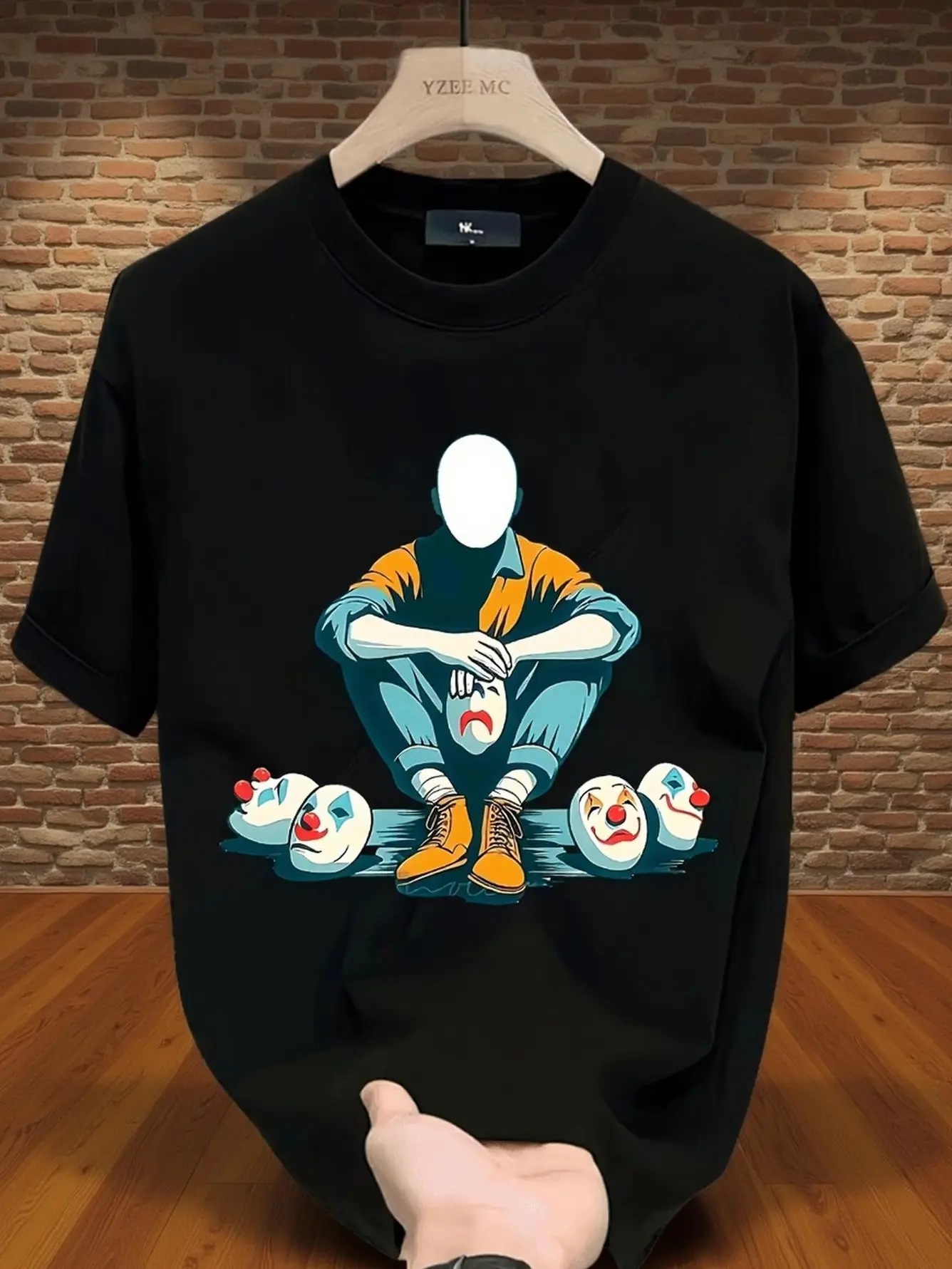 Streetwear Graphic T-Shirt with Abstract Clown Mask Print, Unisex Relaxed Cut Soft Cotton Short-Sleeve Tee for Artists & Art Exhibitions
