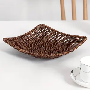 Multifunctional Storage Basket Classic Style Woven Plastic Rattan Basket Shallow Mouth Organizer Tray for Bedroom Living Room Coffee Table Home Storage Box