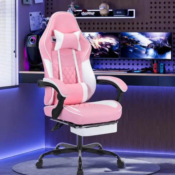 Ergonomic Video Gamer Chairs,Computer Gaming Chairs with Massage Lumbar Support and footrest,Racing Style Computer Chair Adjustable Headrest for Adults（Pink White/Green)