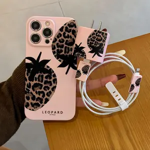 Creative Leopard Print Strawberry Phone Case Set, Shockproof Tpu Cover with Charger Protector & Cable Organizer for iPhone Models