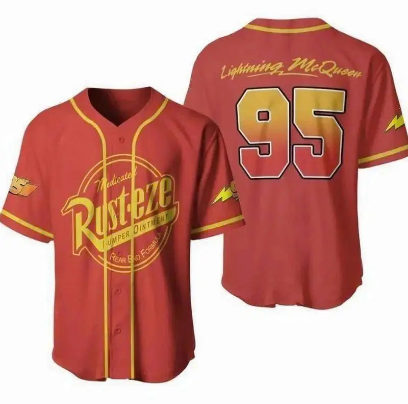 Retro Racing Inspired Baseball Jersey, Red Number 95 Button-Up Shirt, Vintage Cartoon Style Unisex Sports Jersey, Back to School Gift