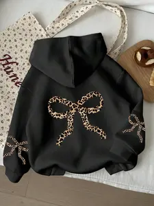 Women's Retro Leopard Print Hoodie with Bow Accent, Casual Black Long-Sleeve Drawstring Pullover Sweatshirt Featuring Kangaroo Pocket, Stylish Fall & Winter Garment, Graphic Hoodies