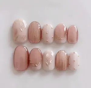 Handmade Pink Tulip Press On Nails: Faux Gel Acrylic Nails