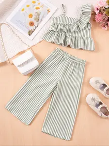 Toddler Girl's Striped Print Ruffle Trim Top & Wide Leg Pants Set, Casual Fashion Two-piece Outfits for Summer, Kids Clothes for Daily Wear