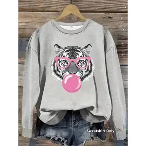 2026 Women's Tiger & Bubble Gum Print Crew Neck Sweatshirt, Casual Long Sleeve Pullover for Daily Wear, Ladies Clothes for Fall & Winter, Hoodie