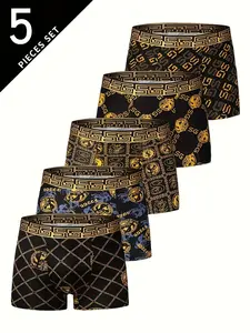 5-piece set of black gold ribbon luxury style men's square underwear, skin friendly, breathable and comfortable square underwear, elastic sports shorts, men's casual daily basic underwear, a good gift for him