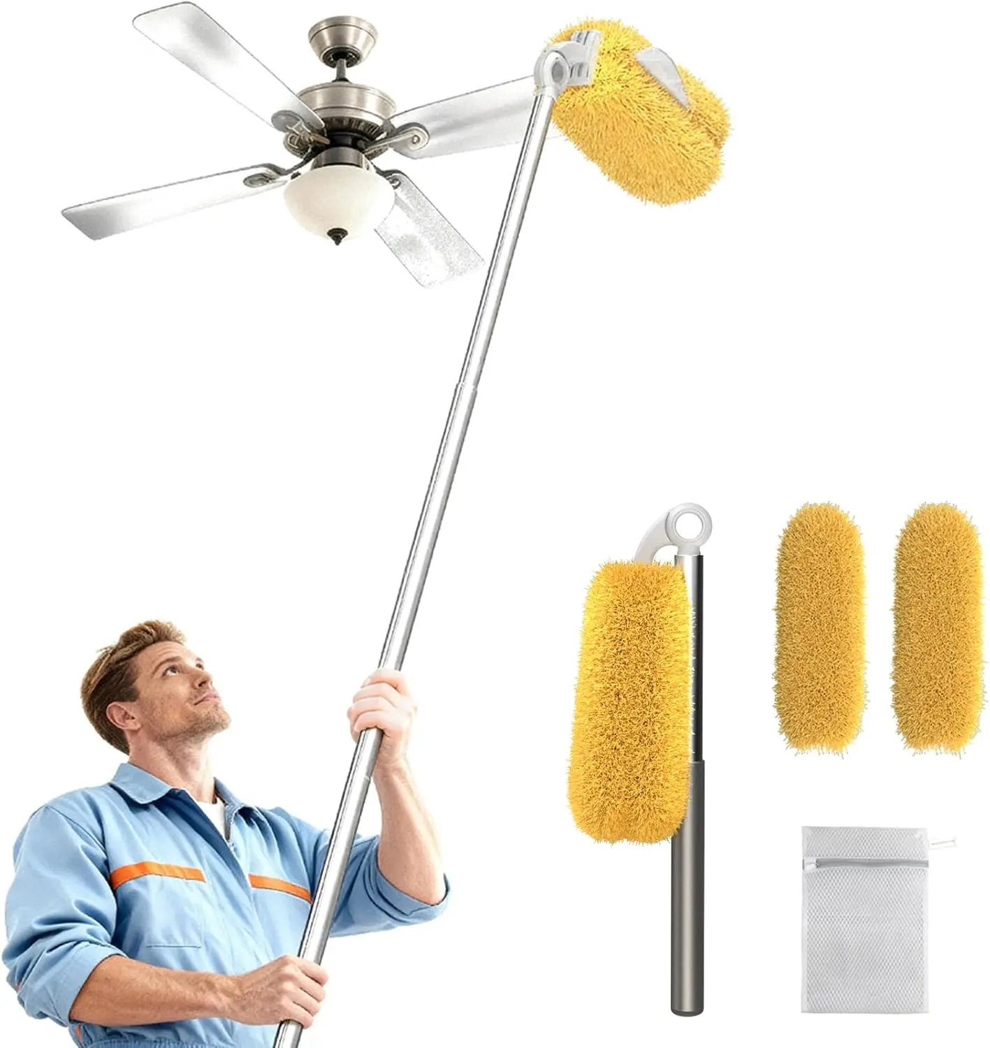Long Handle Duster with 2 Replacement Heads, Washable Extendable Dusting Tool for Home Cleaning