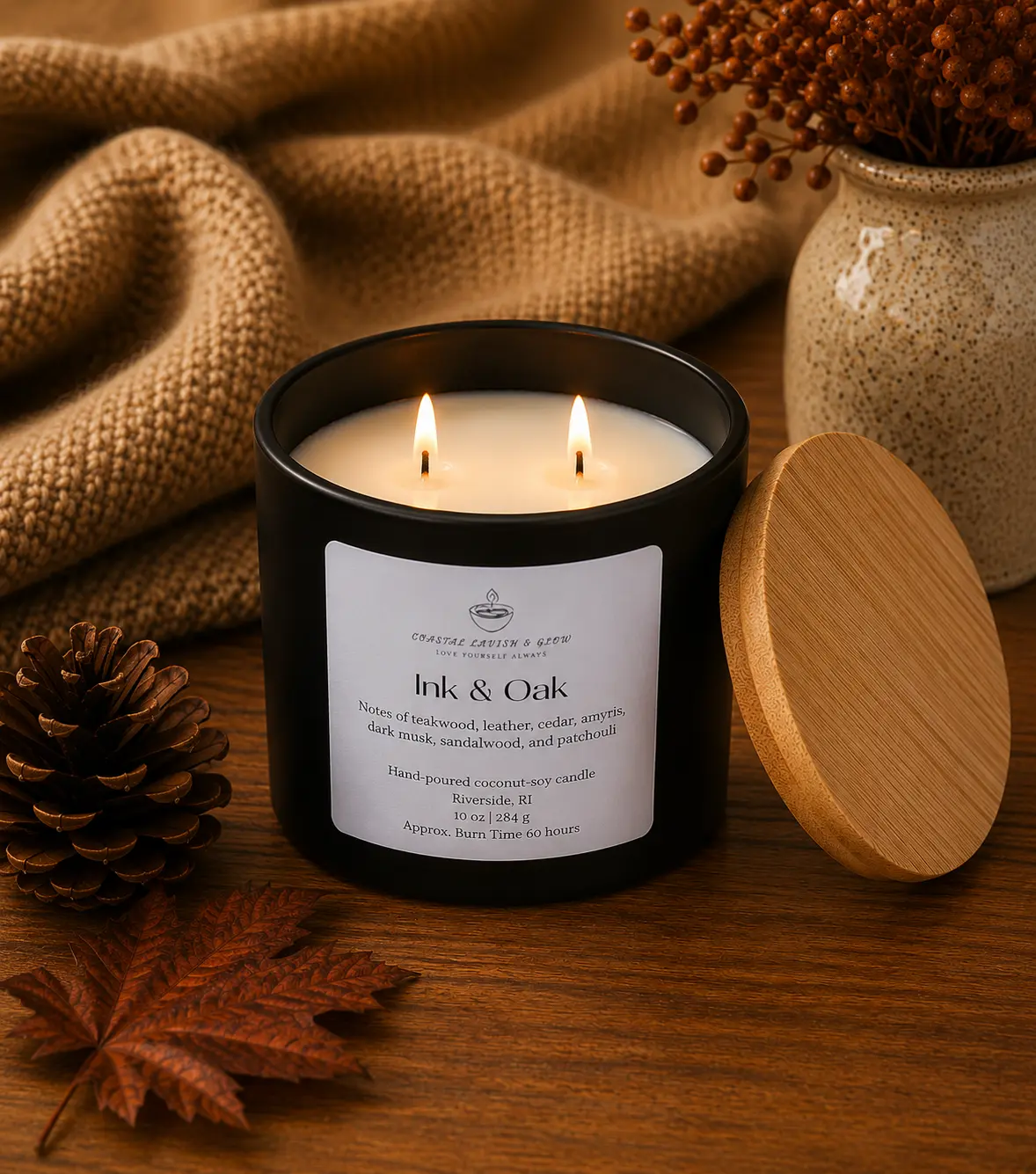 Ink & Oak 10 oz Candle - Teakwood, Leather, Cedar, Dark Musk, Sandalwood, Patchouli Scent