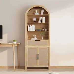 Giratree 79" Tall Arched Bookcase with Storage, Mid Century Modern 6-Tier Cabinet with Door and Drawer, Arched Bookshelf with Open Display Shelf for Office Living Room kitchen storage cabinet