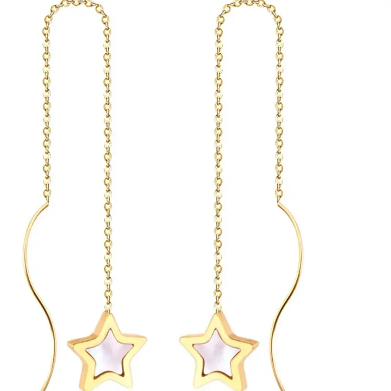 Korean Style Star Shell Earrings with Gold Chain and Pink Shell Star Design for Women