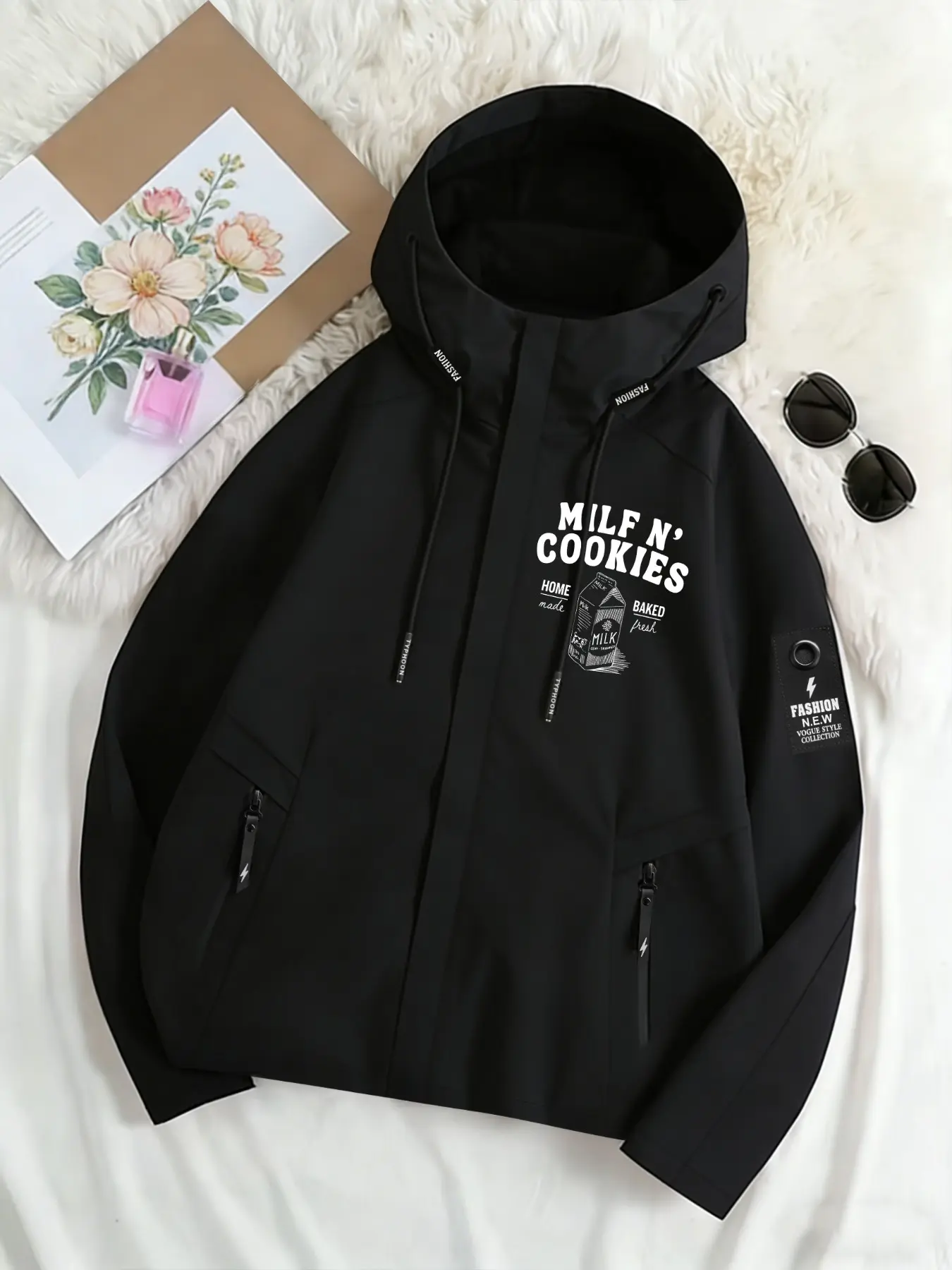 Fashion Casual Women's Hooded Windbreaker Jacket Two Color Options Fun MILF N' Cookies Print Oversized Fit Regular Version Age-reducing Lazy Street Style Versatile Comfortable Breathable Machine Washable Cool Jacket