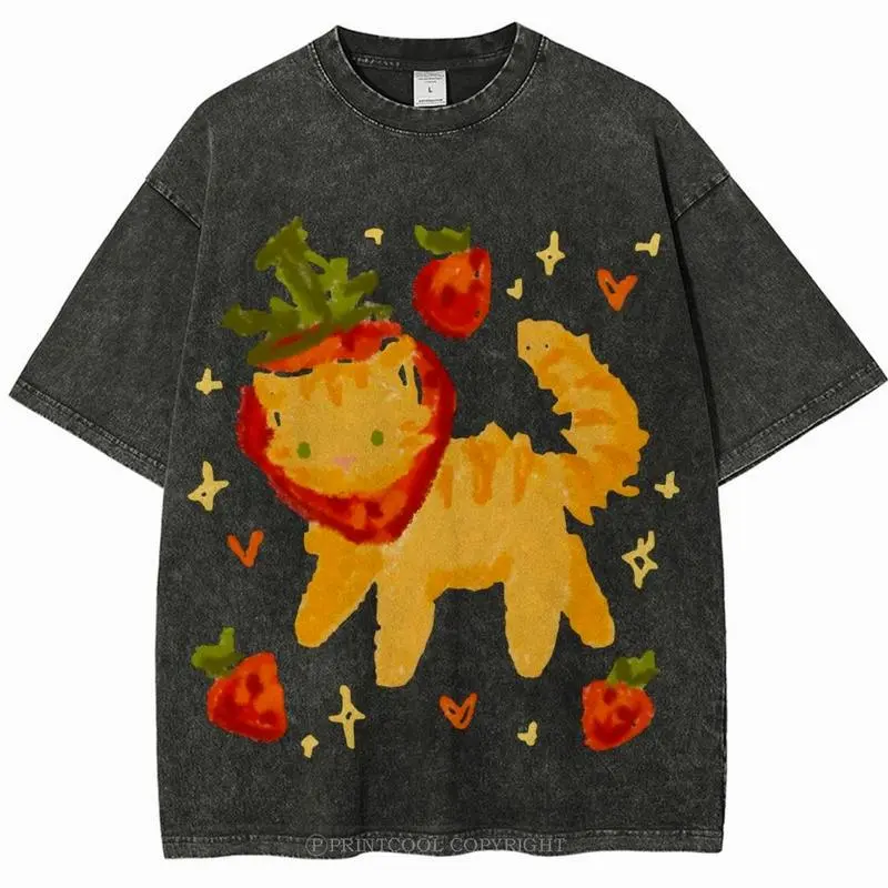 Vintage Washed Graphic T-Shirt with Whimsical Strawberry Cat, Unisex Short-Sleeve Casual Cotton Top, Whimsical Clothes, Fitted, Graphic Tee, Tshirt, Shortsleeve, Crew Neck, All Seasons, Cute, Casual Fit, Graphic Print