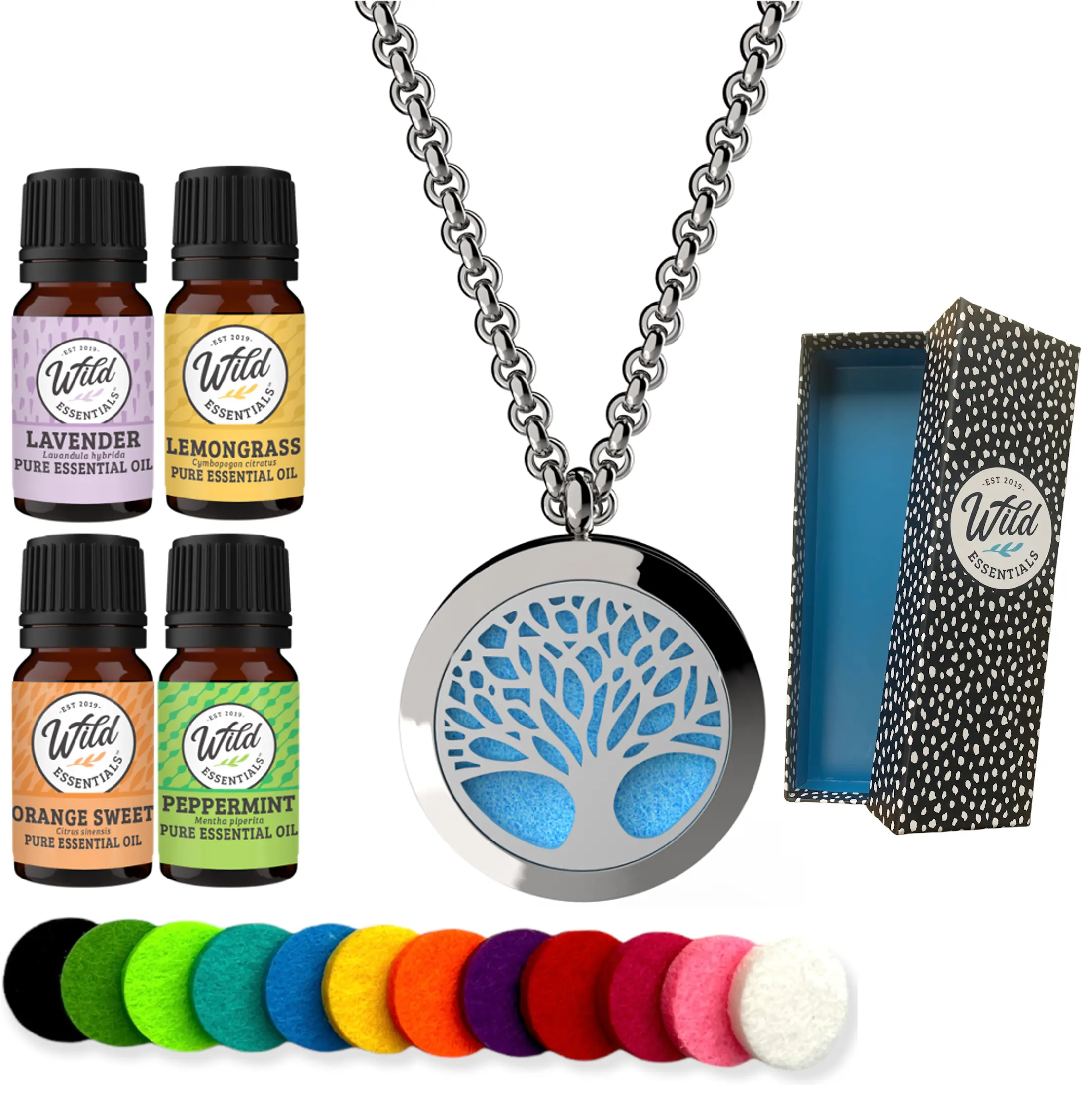 Wild Essentials Tree of Life Necklace Essential Oil Diffuser Kit With Lavender, Lemongrass, Peppermint, Orange Essential Oils, 12 Refill Pads, Calming Aromatherapy Gift Set, Customizable Color Changing, Perfume Jewelry Wellness