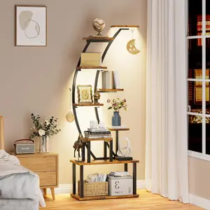 Bookshelf with Lights - 63" Tall Unique Bookshelves, 9-Tier Book Shelf for Collectibles, Black Display Shelf with Light, Half-Moon Ladder Book Stands for Bedroom Living Room, Rustic Brown
