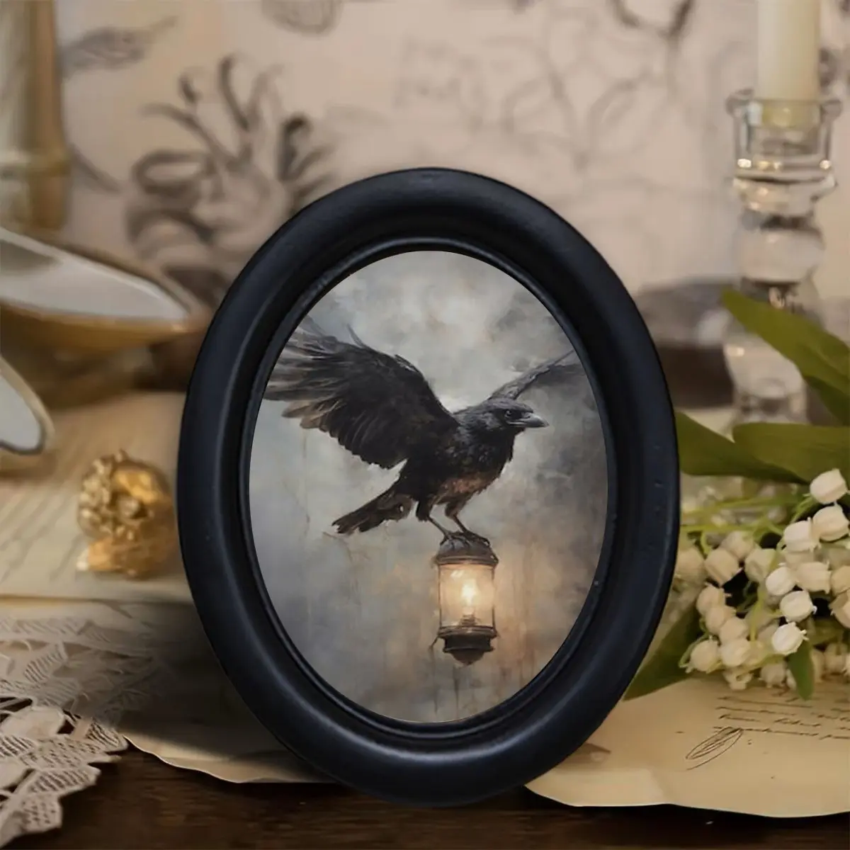Gothic Raven Lantern Oval Frame Wall Decor, Vintage Dark Room Art Print, Halloween Christmas Thanksgiving Decoration, Unique Gothic Style, Artistic, Decorative, Aesthetic Wall Decor, Art Work For Wall Decor