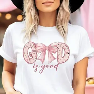 Flower Bow Design, Soft Round Neck Short Sleeve, Machine Washable, Casual Top, Suitable for Mother's Day, Father's Day and All Holidays, Walking in Faith T-Shirt, Flower Print Casual T-Shirt, Unisex