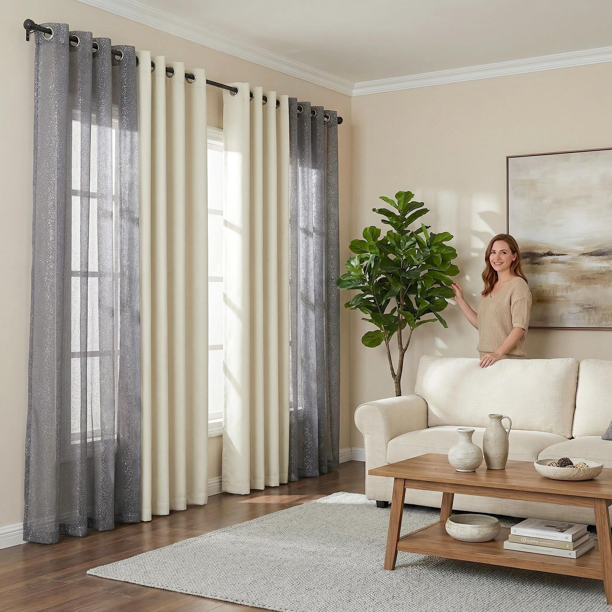 Curtain Club 8 Panels 52x84inch Curtain Fabric + Chiffon Set: 4 panels are plain blackout fabric, 4 panels are chiffon. With silver heat transfer finish, allowing light to pass through. The set can provide both blackout and decorative effects. FT2599+L28