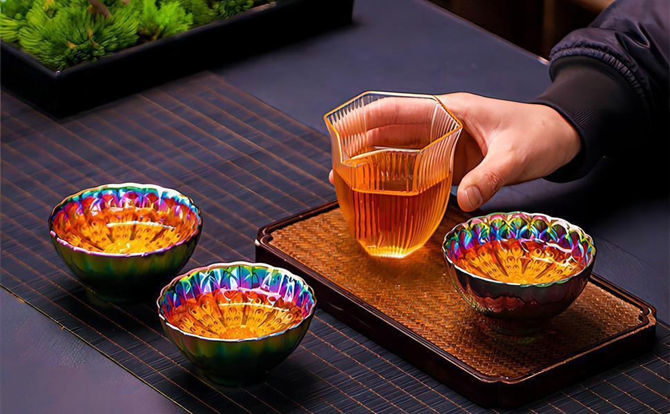 Beautiful Colorful Glaze Ceramic Tenmoku Tea Cup, Handmade JianZhan Chinese Teaism Kung Fu Tea Cup, Traditional Ceramic Tea Set with Gift Box, Perfect Gift for Tea Lovers, Birthday, Christmas, Wedding, Housewarming Present (Gold Peacock)